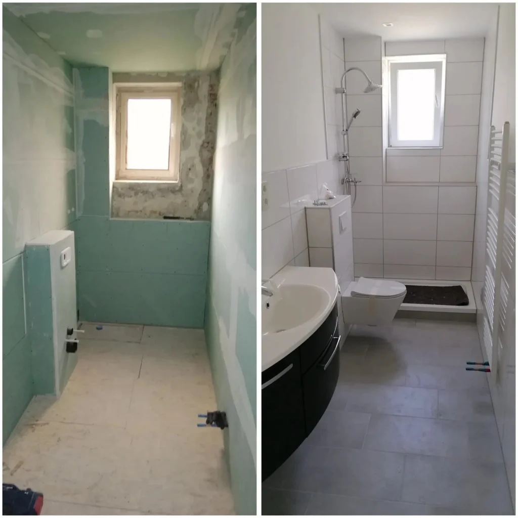 Bad im Rohbau und fertig mit Hänge-WC und Dusche