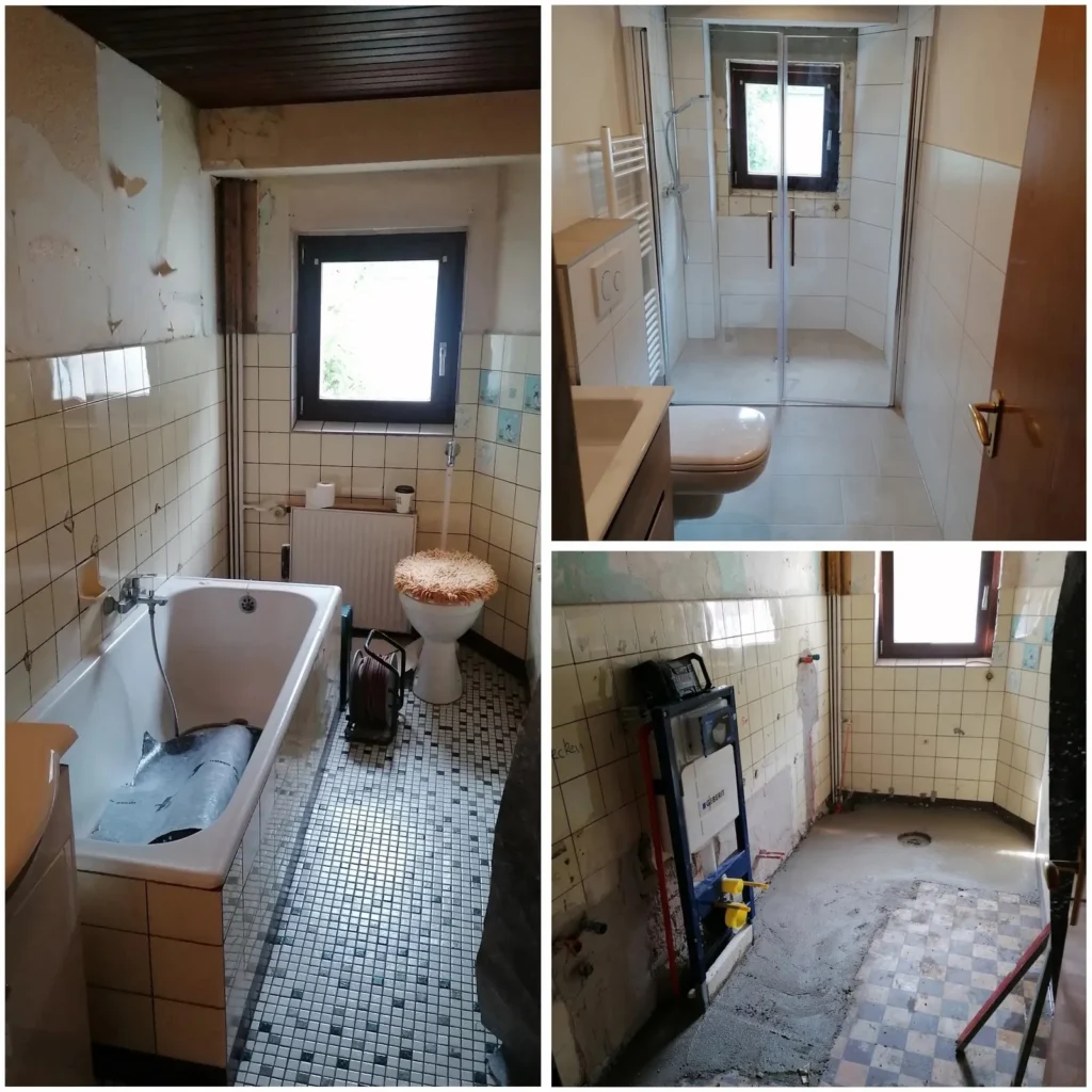 Badsanierung: altes Bad, Rohbau mit Vorwandelement und fertige Dusche