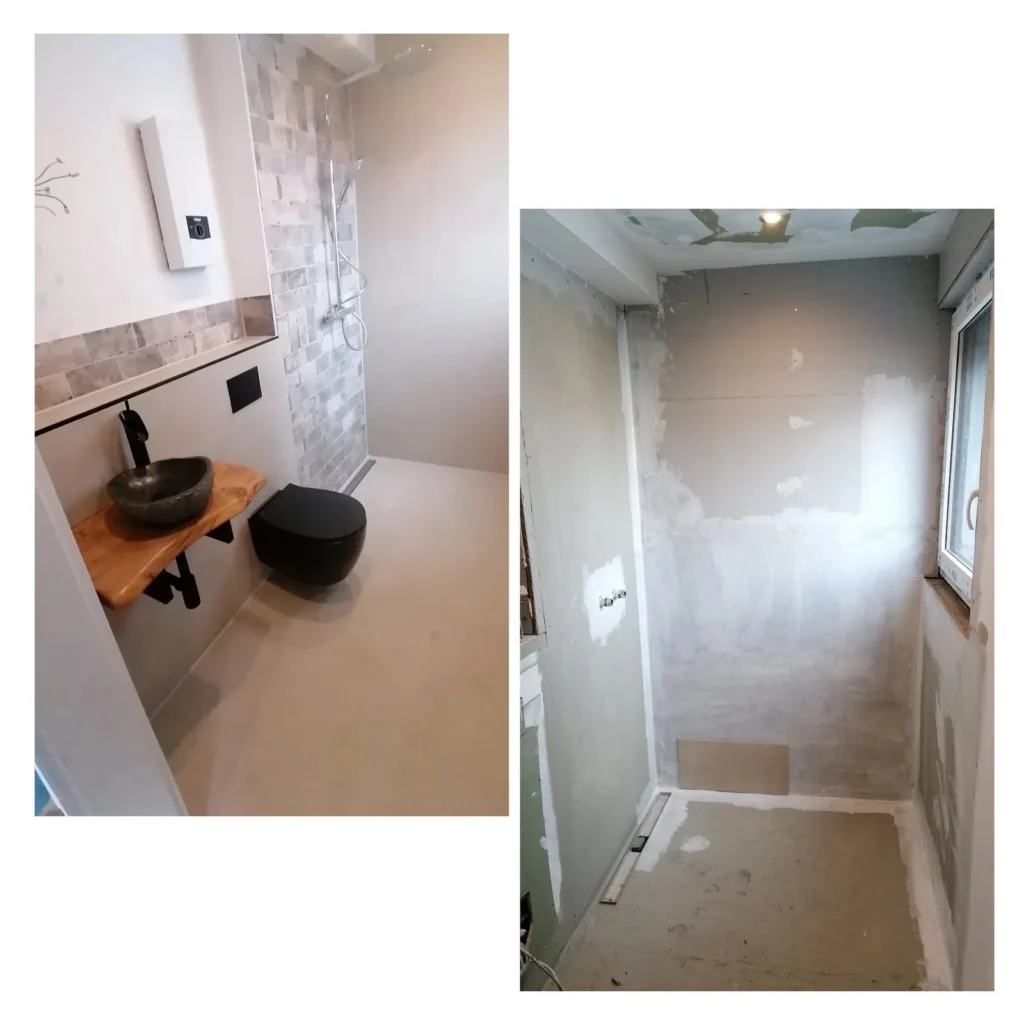 Kompaktes WC mit dunklem Becken und Holzplatte