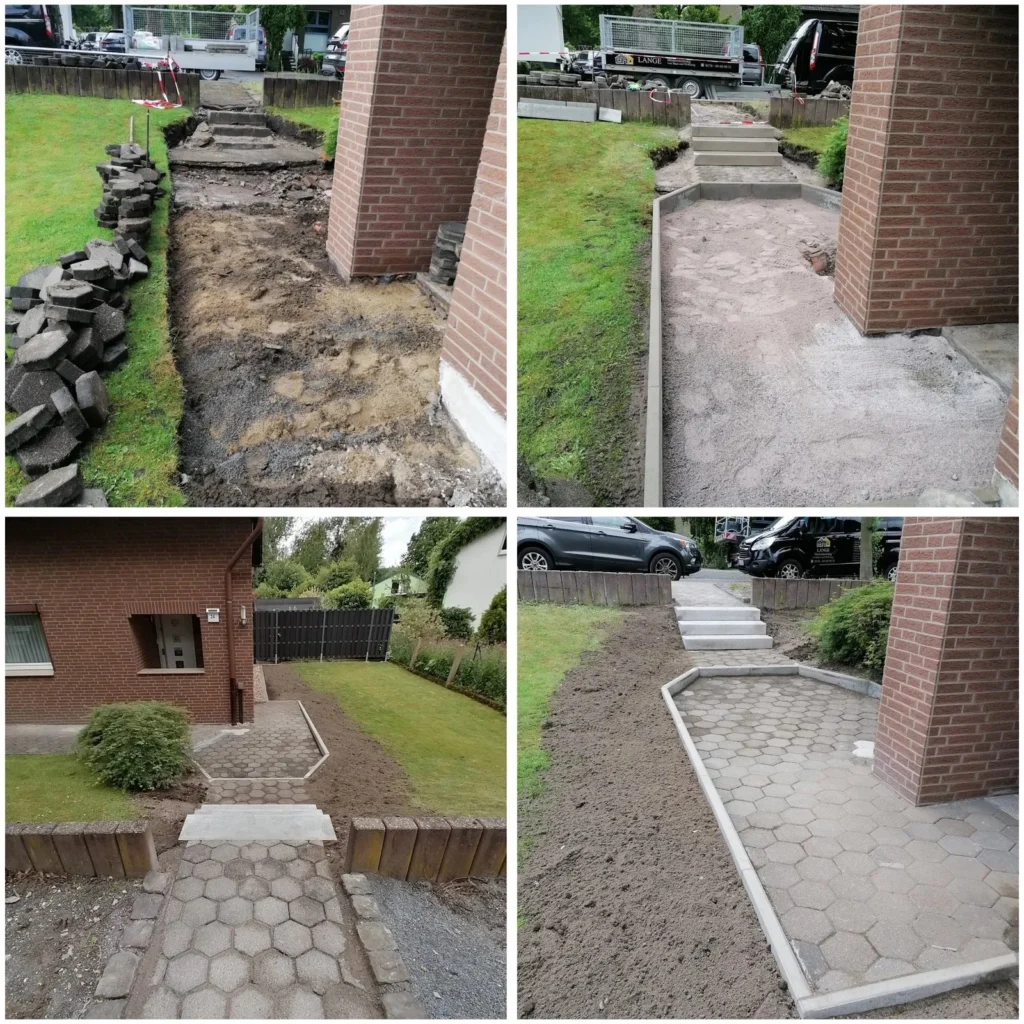 Gartenweg mit Treppenstufen aus Pflastersteinen