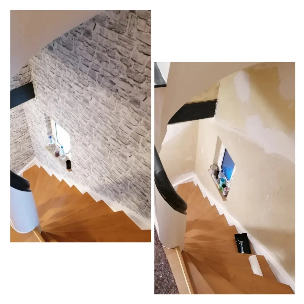 Treppenhaus vorher und nachher mit Steinoptik-Tapete
