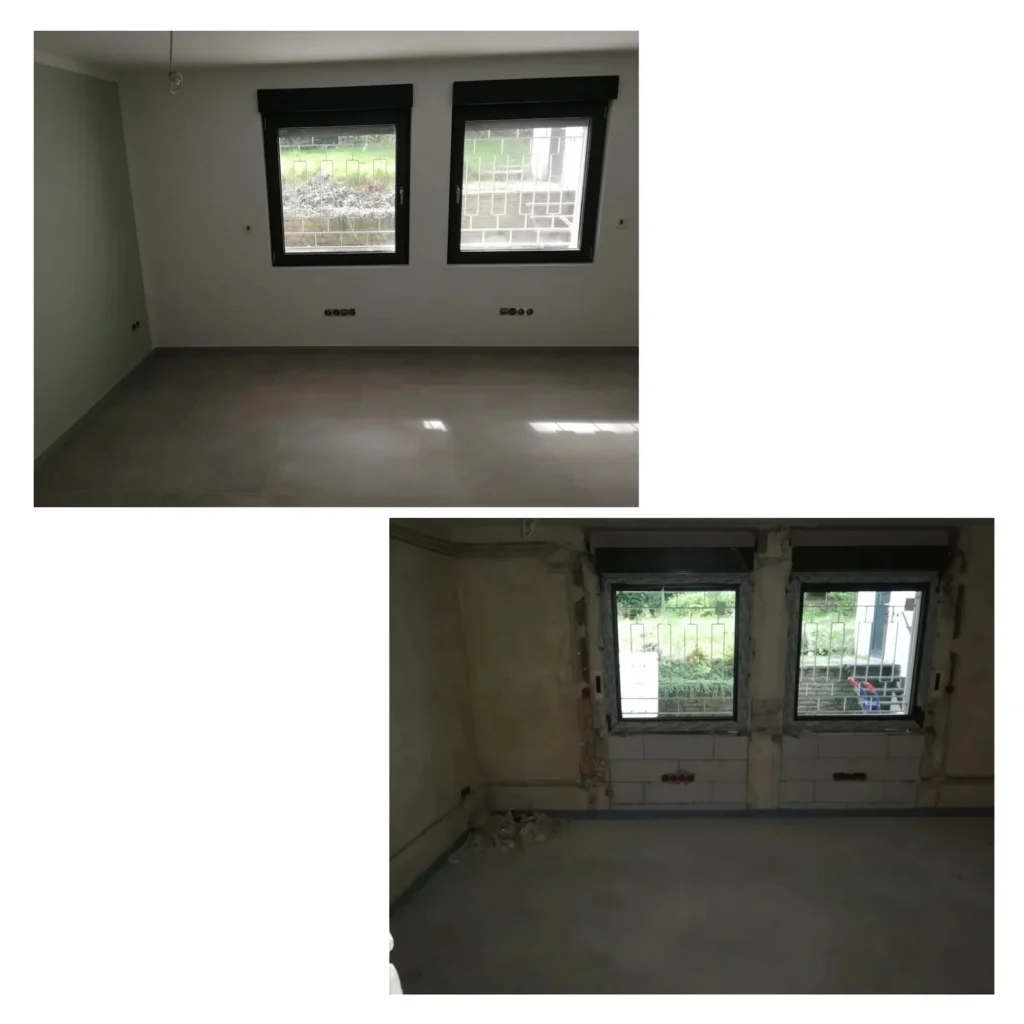 Wohnraum im Rohbau und fertig mit Großformatfliesen